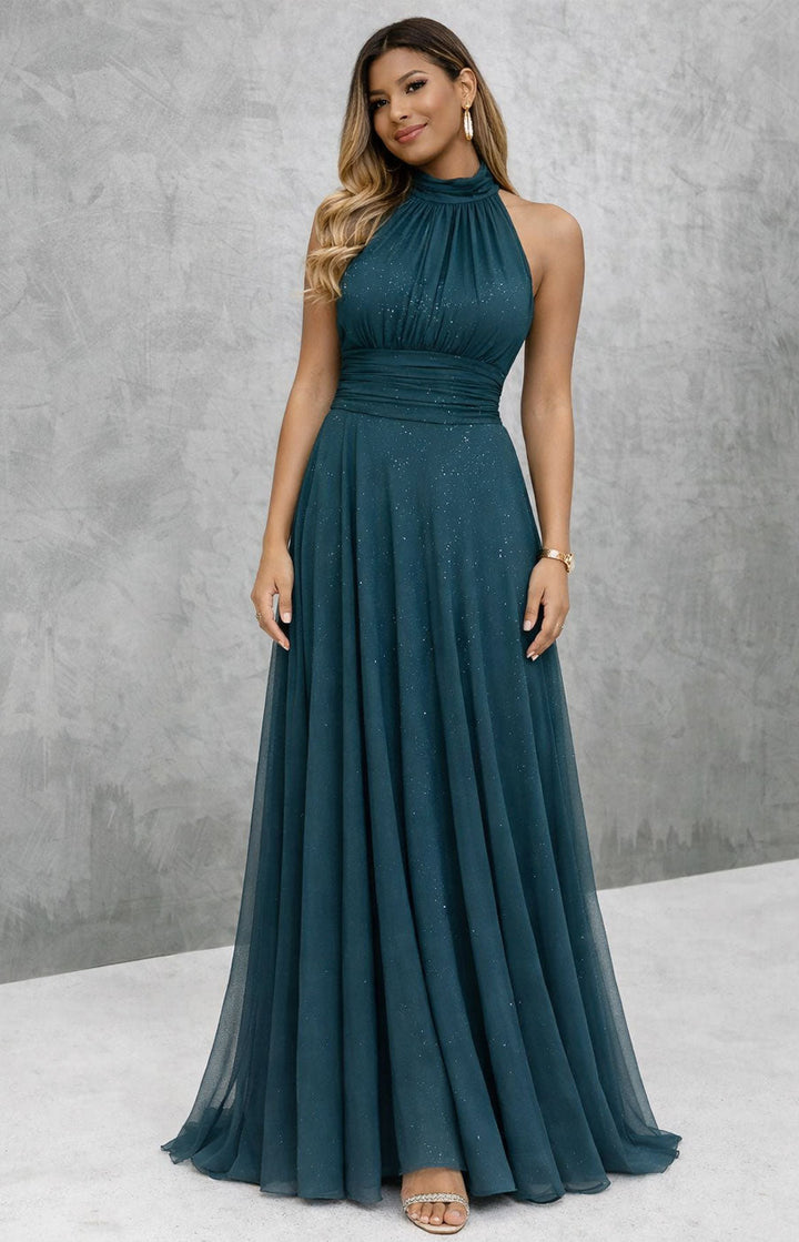 Abito Lungo Elegante da Cerimonia Scintillante, Scollo Americano, Vestito da Sera in 13 Colori
