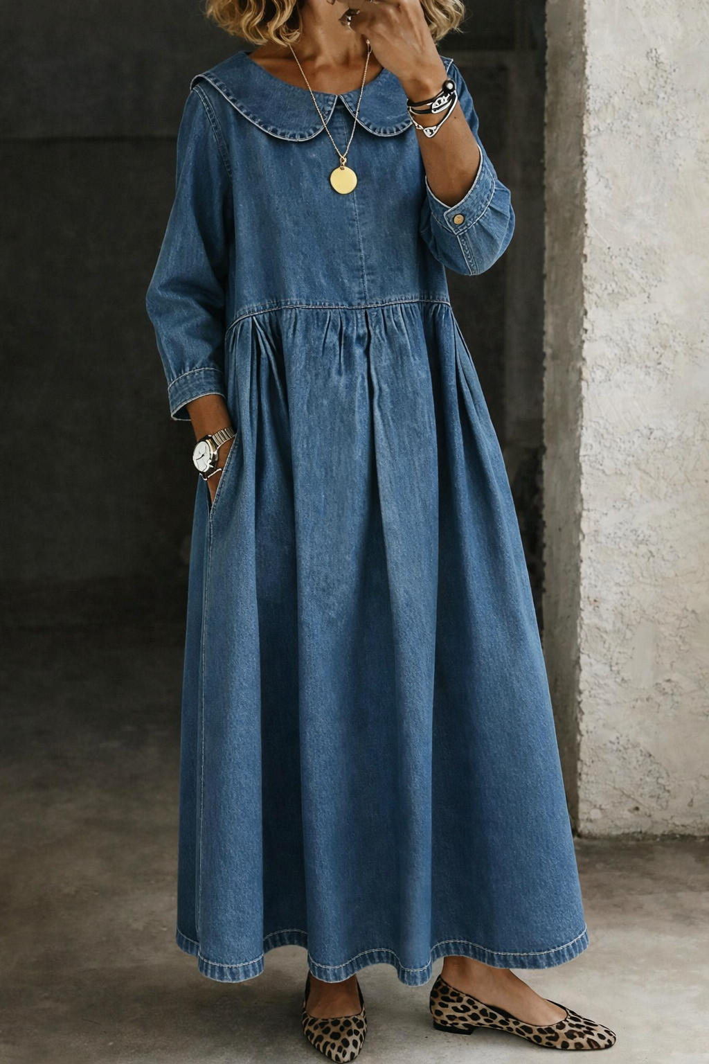 Claudia - Abito denim con colletto Peter Pan