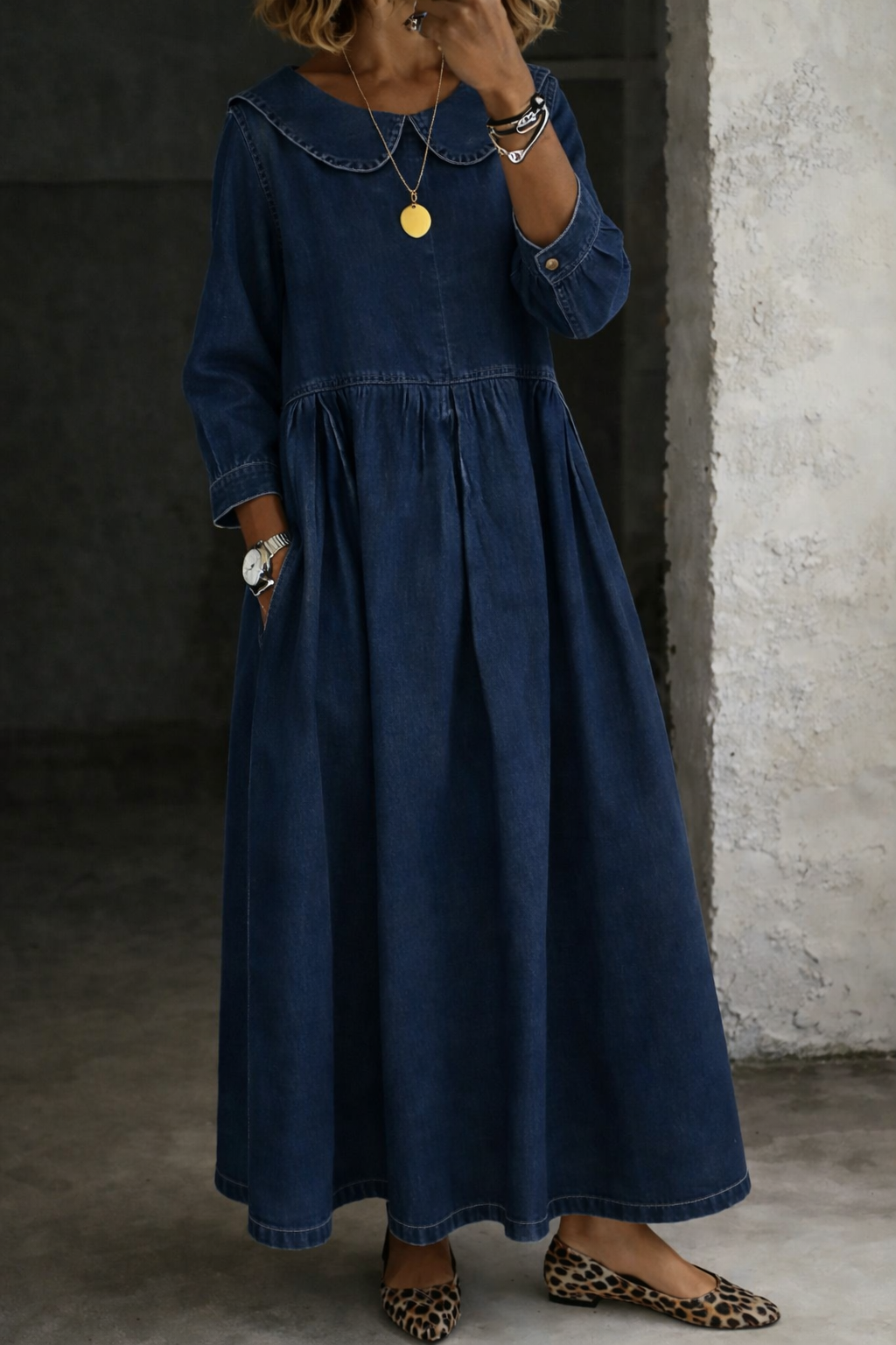 Claudia - Abito denim con colletto Peter Pan