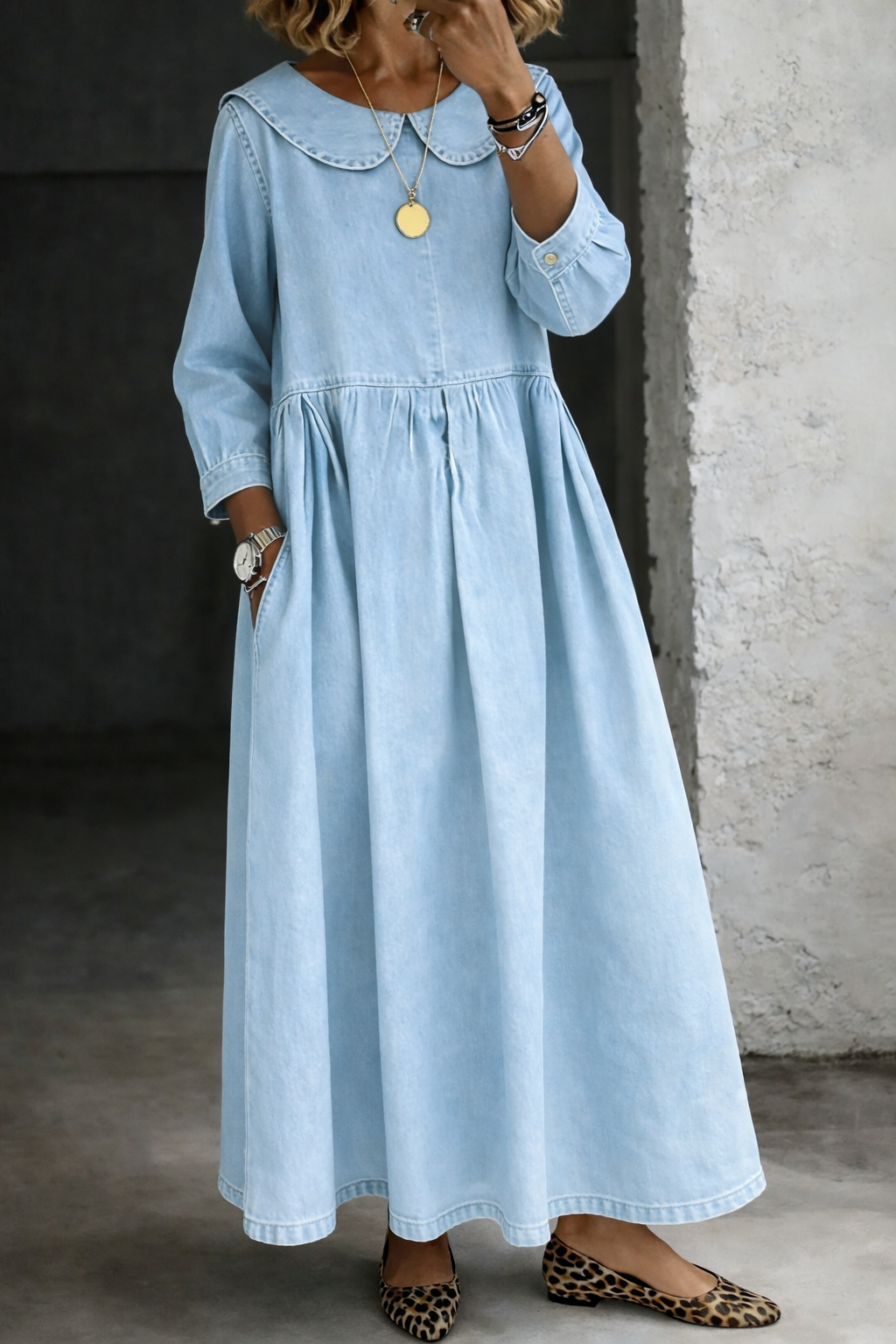 Claudia - Abito denim con colletto Peter Pan