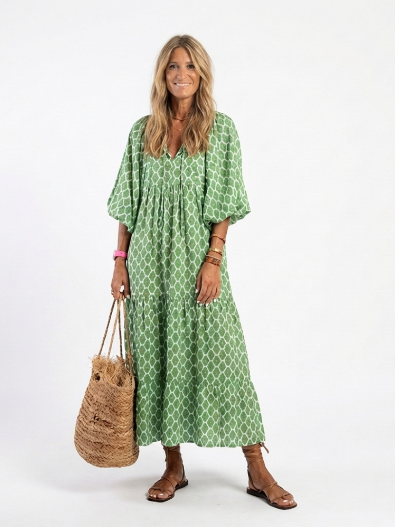 Apollina™ | Vestito Midi Fantasia con Scollo a V e Maniche Tre Quarti
