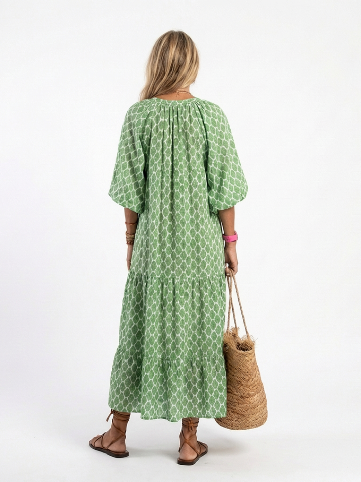 Apollina™ | Vestito Midi Fantasia con Scollo a V e Maniche Tre Quarti
