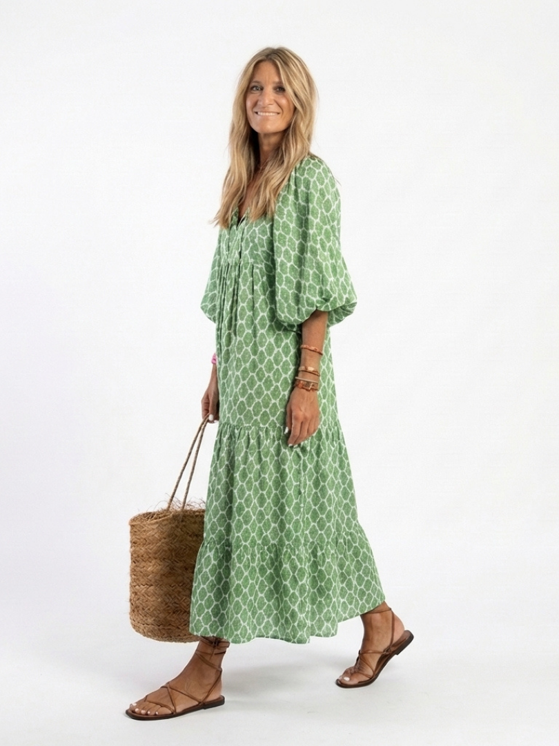 Apollina™ | Vestito Midi Fantasia con Scollo a V e Maniche Tre Quarti