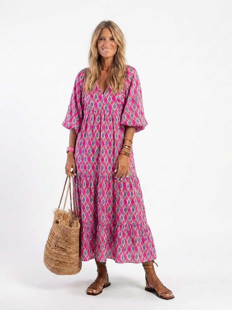 Apollina™ | Vestito Midi Fantasia con Scollo a V e Maniche Tre Quarti