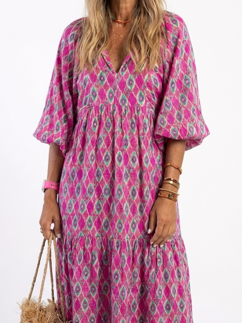 Apollina™ | Vestito Midi Fantasia con Scollo a V e Maniche Tre Quarti