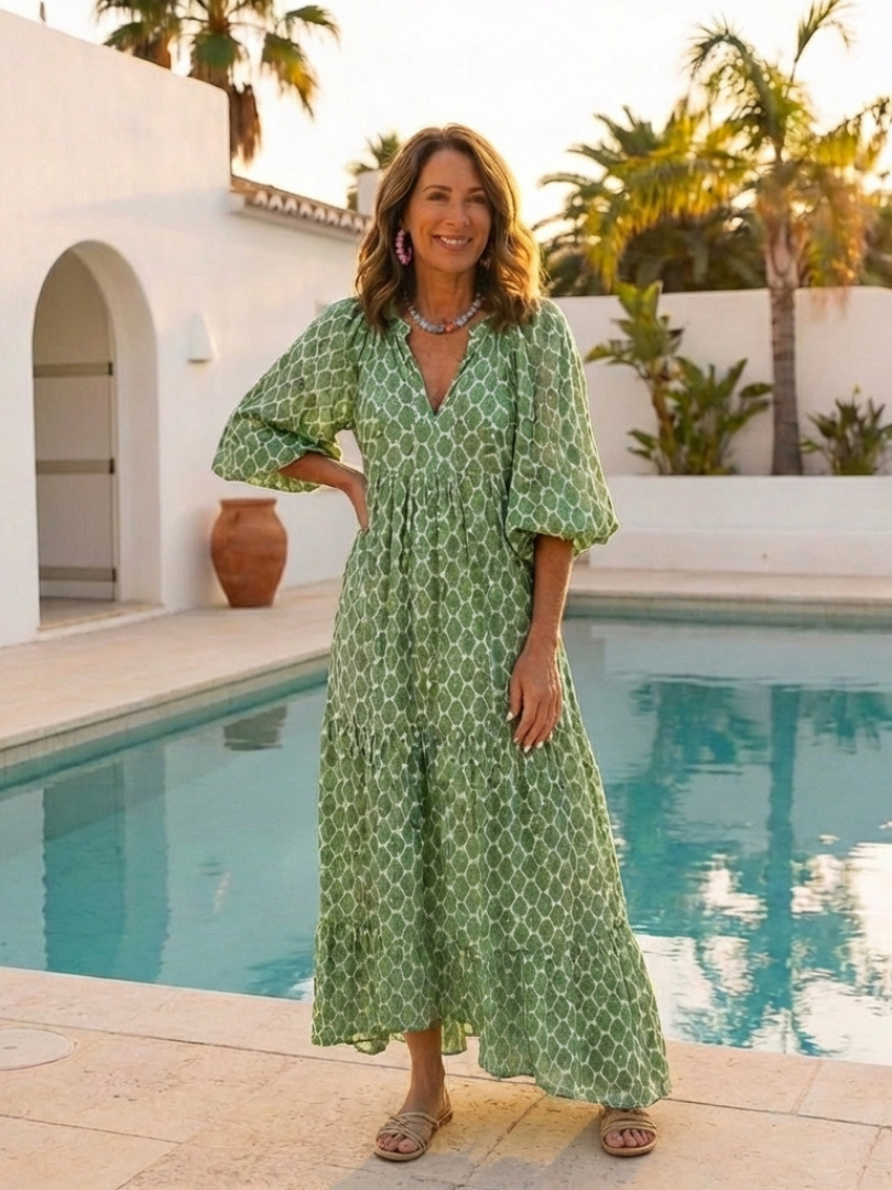 Apollina™ | Vestito Midi Fantasia con Scollo a V e Maniche Tre Quarti