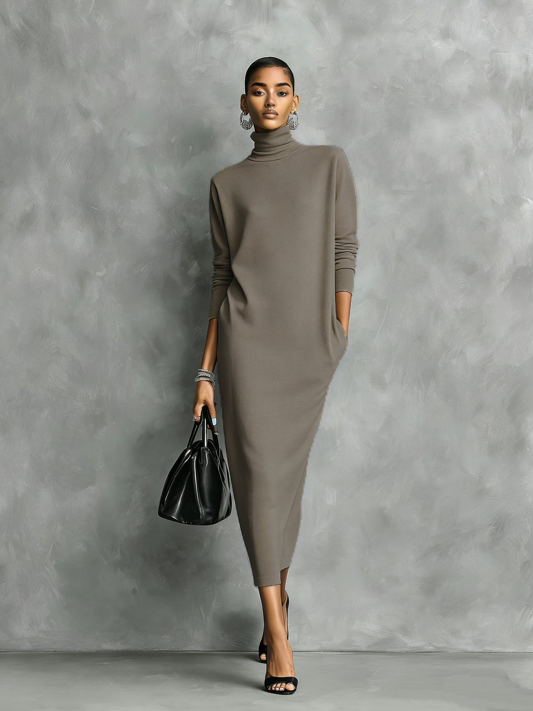Abito Midi Maglia Collo Alto