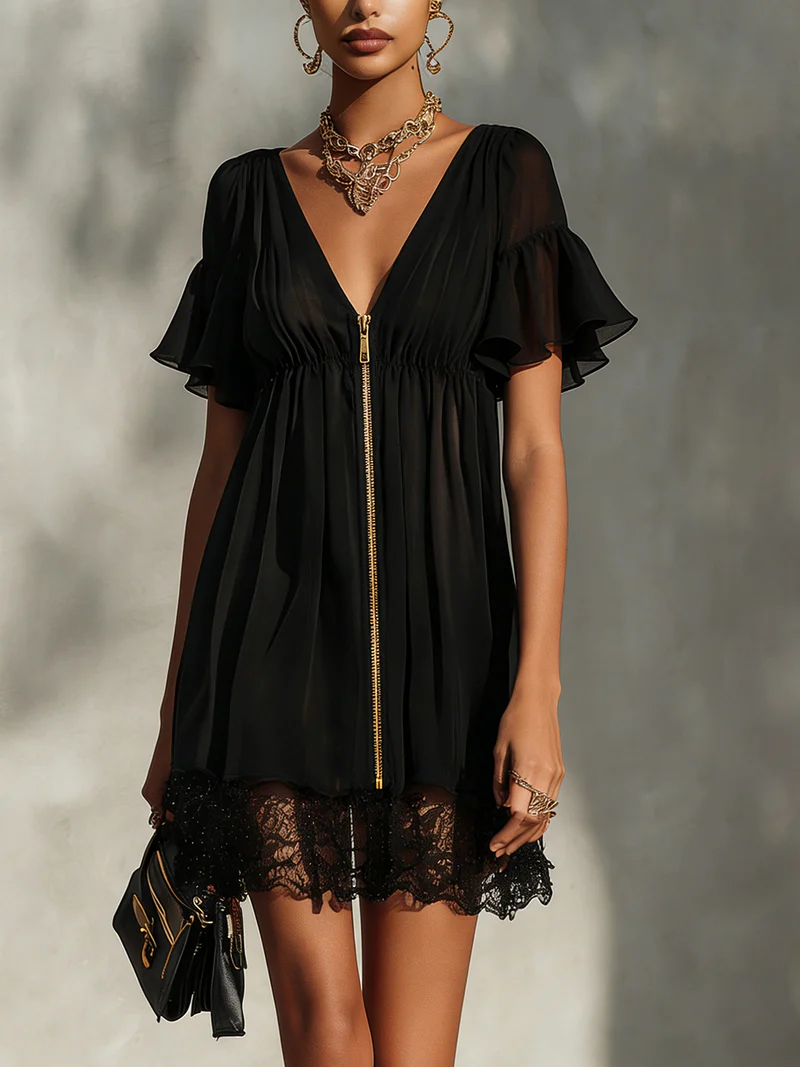 Cecilia - Abito Mini Nero in Chiffon con Pizzo, Zip Dorata e Scollo a V