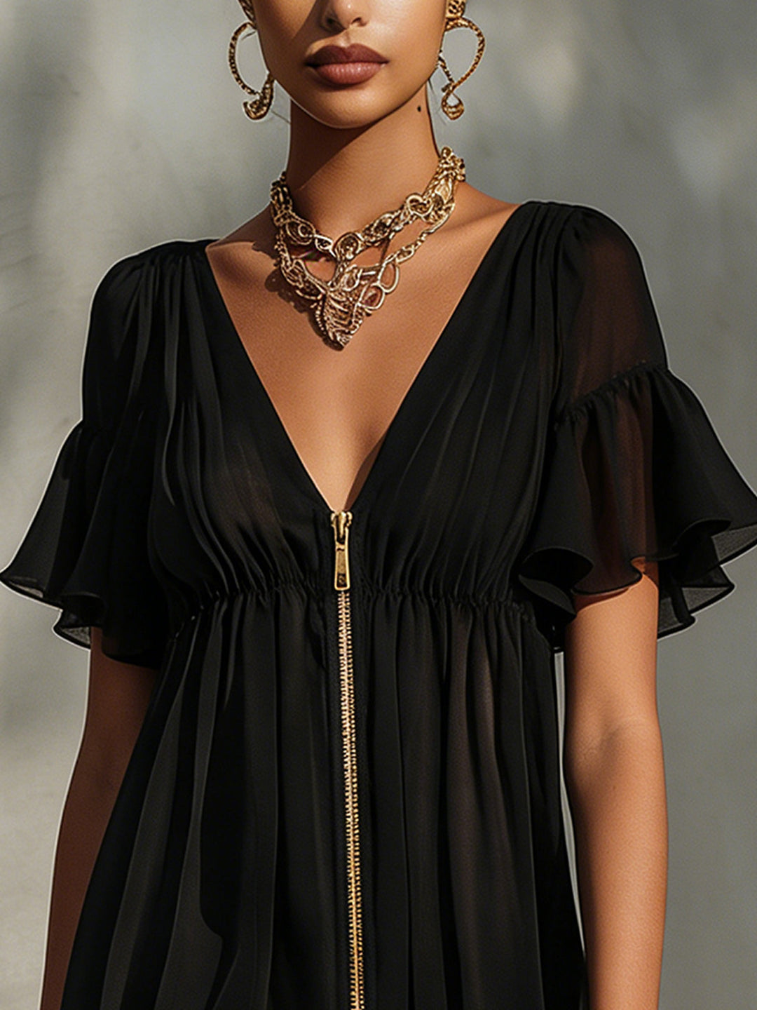 Cecilia - Abito Mini Nero in Chiffon con Pizzo, Zip Dorata e Scollo a V