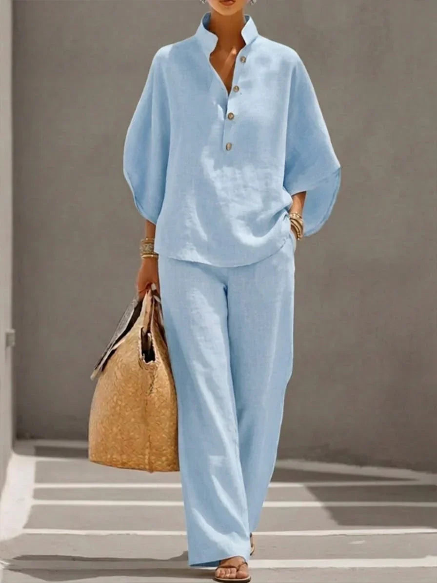 Camilla - Insieme in Lino con Maniche a Pipistrello e Pantalone Ampio