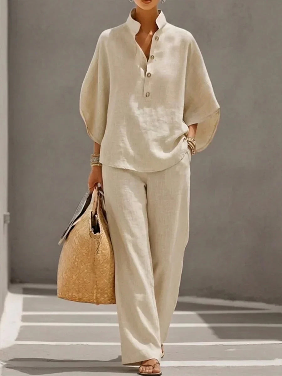 Camilla - Insieme in Lino con Maniche a Pipistrello e Pantalone Ampio